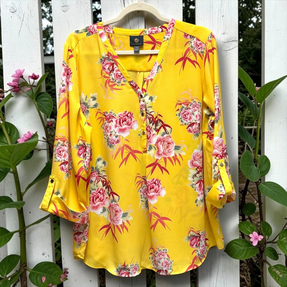 JM Collection Womens XL Yellow Floral Bamboo Roll Tab Sleeve V-Neck Blouse Top